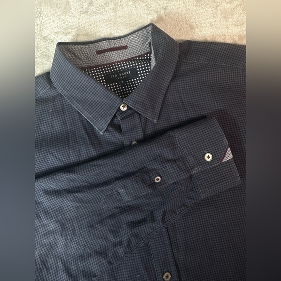 Ted Baker Shirt Mens Size 6 2XL Navy Long Sleeve Button Up Check Pattern Cotton - Picture 1 of 12
